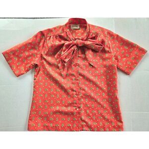 Vintage Lee Mar Red Paisley Neck Tie Bow Blouse Short Sleeve Button Front Top
